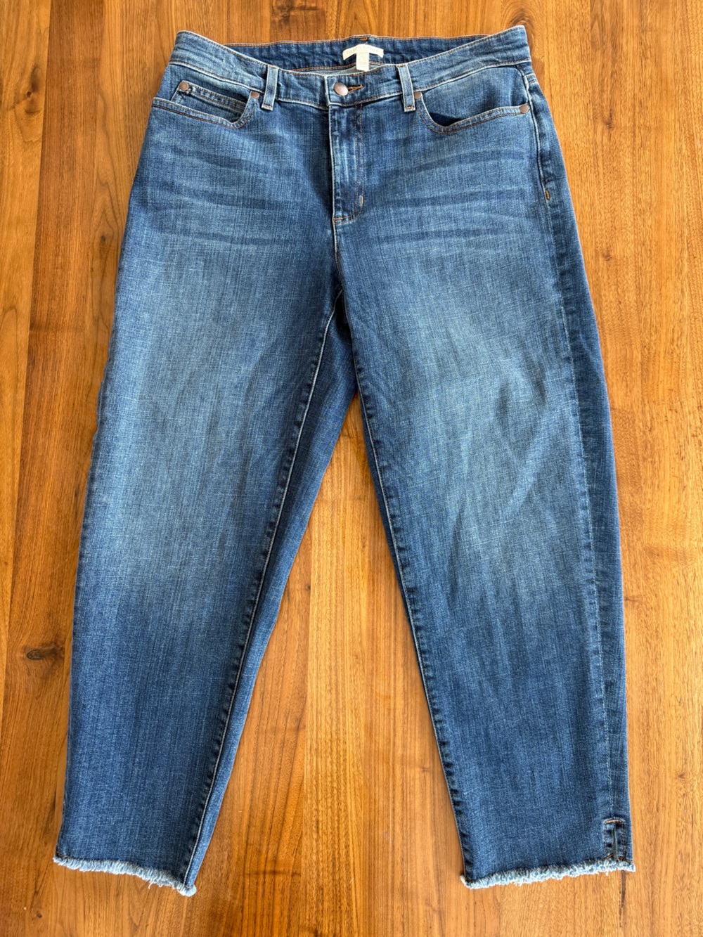 Eileen Fisher Organic Cotton Stretch Jeans Size 10 Raw Hem Ankle Slit Blue Denim